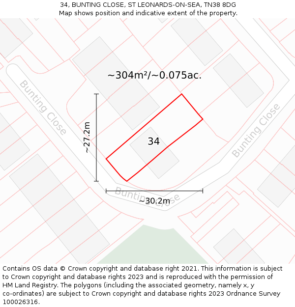 34, BUNTING CLOSE, ST LEONARDS-ON-SEA, TN38 8DG: Plot and title map
