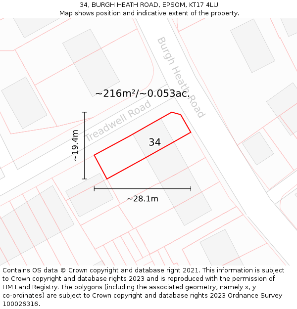 34, BURGH HEATH ROAD, EPSOM, KT17 4LU: Plot and title map