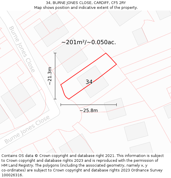 34, BURNE JONES CLOSE, CARDIFF, CF5 2RY: Plot and title map