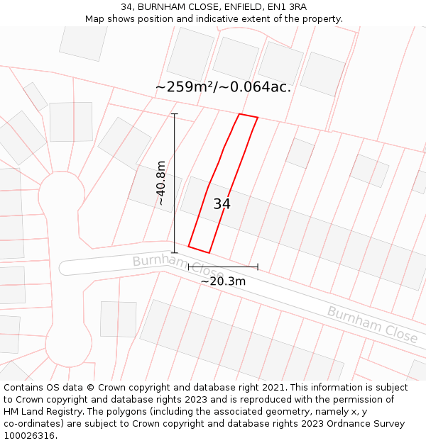 34, BURNHAM CLOSE, ENFIELD, EN1 3RA: Plot and title map