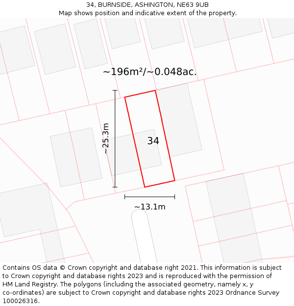 34, BURNSIDE, ASHINGTON, NE63 9UB: Plot and title map