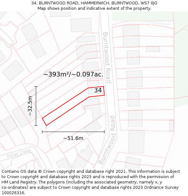 34, BURNTWOOD ROAD, HAMMERWICH, BURNTWOOD, WS7 0JG: Plot and title map
