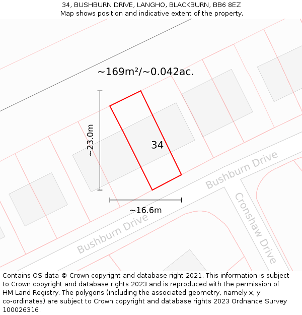 34, BUSHBURN DRIVE, LANGHO, BLACKBURN, BB6 8EZ: Plot and title map