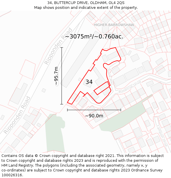 34, BUTTERCUP DRIVE, OLDHAM, OL4 2QS: Plot and title map