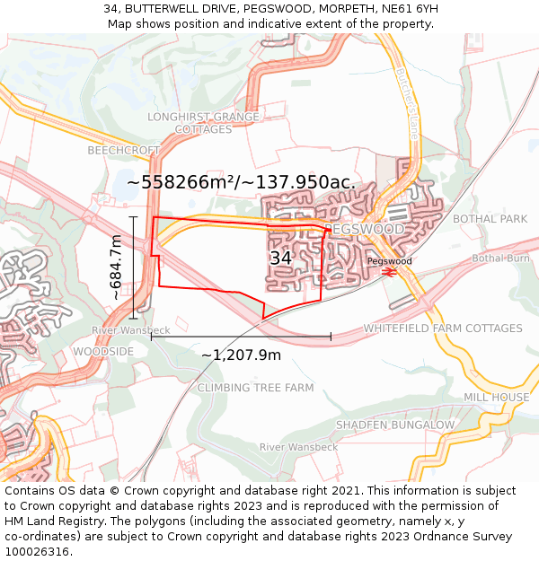 34, BUTTERWELL DRIVE, PEGSWOOD, MORPETH, NE61 6YH: Plot and title map