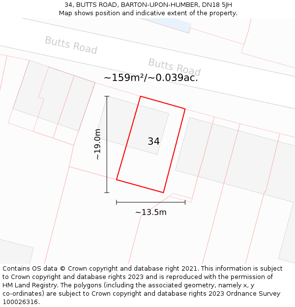 34, BUTTS ROAD, BARTON-UPON-HUMBER, DN18 5JH: Plot and title map