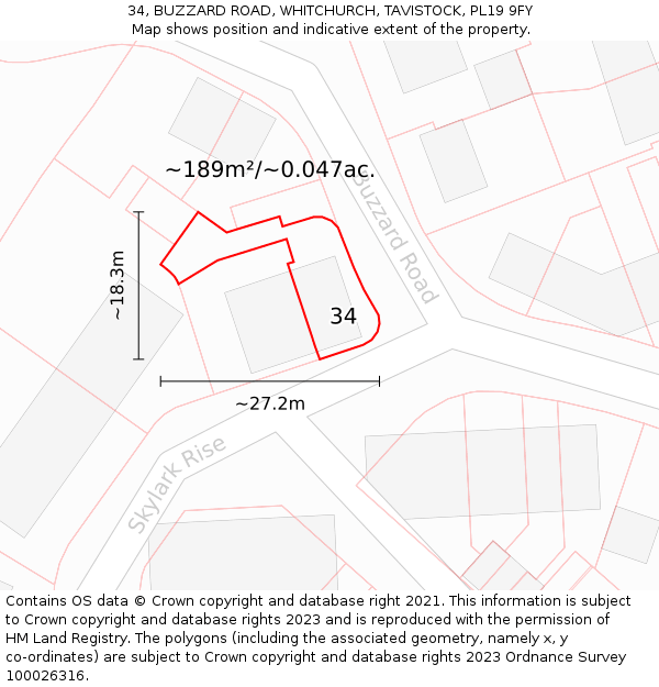34, BUZZARD ROAD, WHITCHURCH, TAVISTOCK, PL19 9FY: Plot and title map
