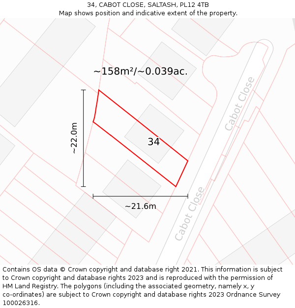 34, CABOT CLOSE, SALTASH, PL12 4TB: Plot and title map