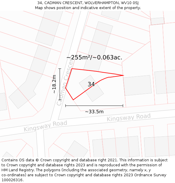 34, CADMAN CRESCENT, WOLVERHAMPTON, WV10 0SJ: Plot and title map