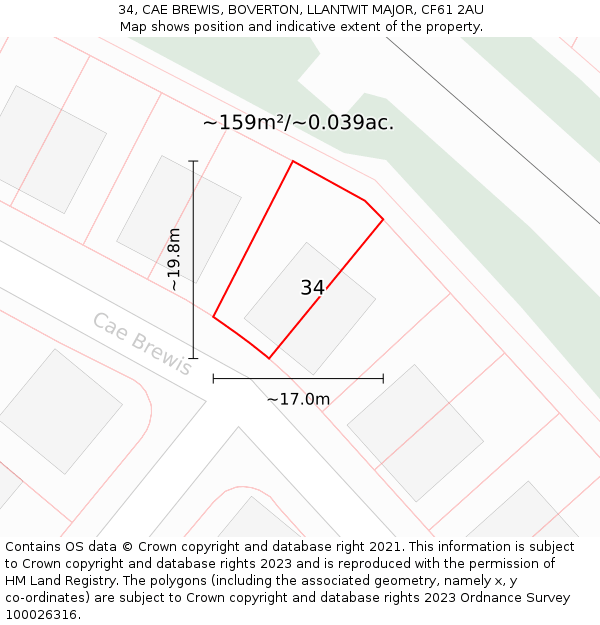 34, CAE BREWIS, BOVERTON, LLANTWIT MAJOR, CF61 2AU: Plot and title map