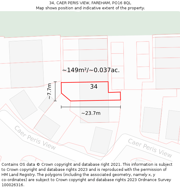 34, CAER PERIS VIEW, FAREHAM, PO16 8QL: Plot and title map