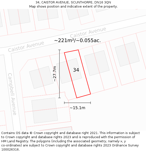 34, CAISTOR AVENUE, SCUNTHORPE, DN16 3QN: Plot and title map