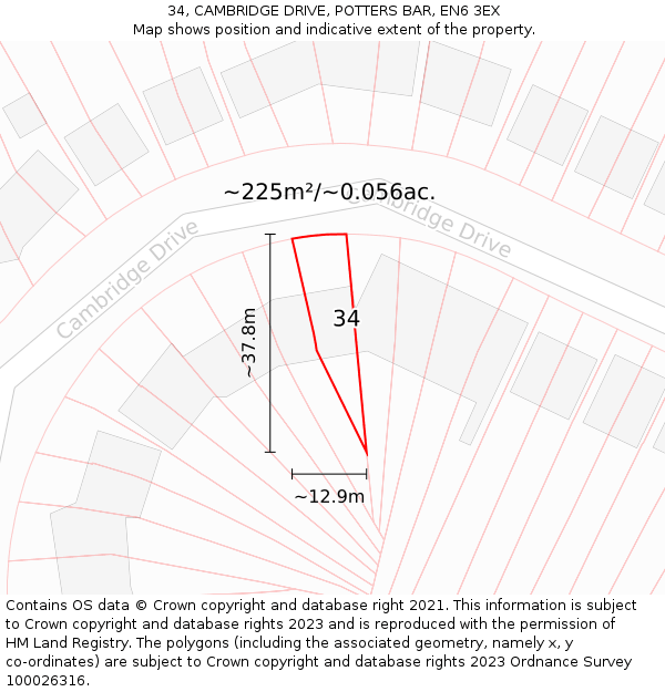 34, CAMBRIDGE DRIVE, POTTERS BAR, EN6 3EX: Plot and title map