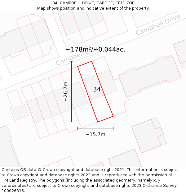 34, CAMPBELL DRIVE, CARDIFF, CF11 7QE: Plot and title map