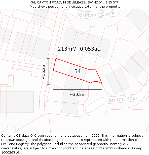 34, CAMTON ROAD, MIDDLELEAZE, SWINDON, SN5 5TP: Plot and title map