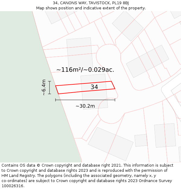 34, CANONS WAY, TAVISTOCK, PL19 8BJ: Plot and title map