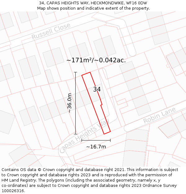 34, CAPAS HEIGHTS WAY, HECKMONDWIKE, WF16 0DW: Plot and title map