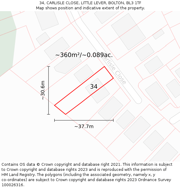 34, CARLISLE CLOSE, LITTLE LEVER, BOLTON, BL3 1TF: Plot and title map