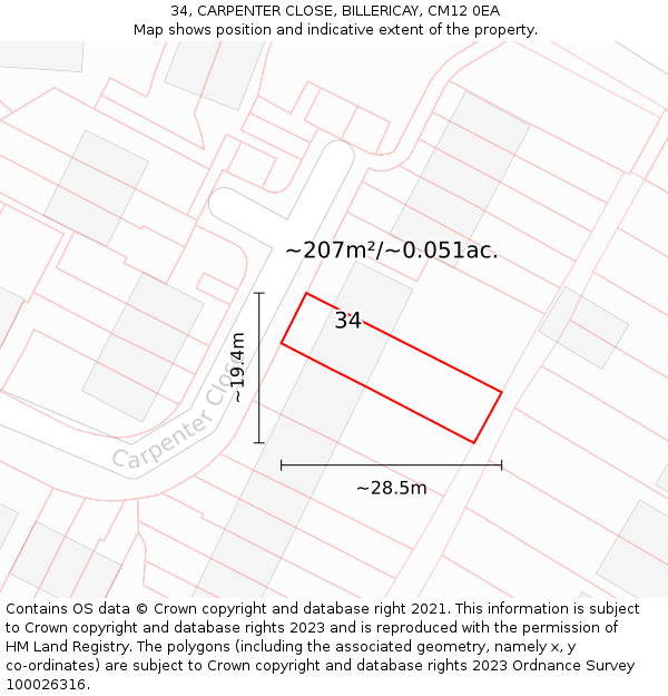 34, CARPENTER CLOSE, BILLERICAY, CM12 0EA: Plot and title map