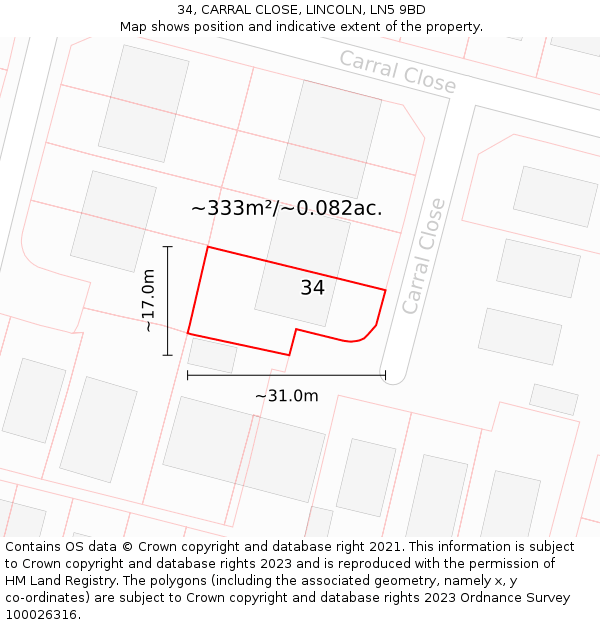 34, CARRAL CLOSE, LINCOLN, LN5 9BD: Plot and title map