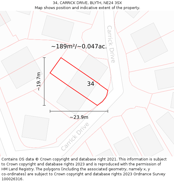 34, CARRICK DRIVE, BLYTH, NE24 3SX: Plot and title map