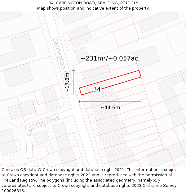34, CARRINGTON ROAD, SPALDING, PE11 1LY: Plot and title map