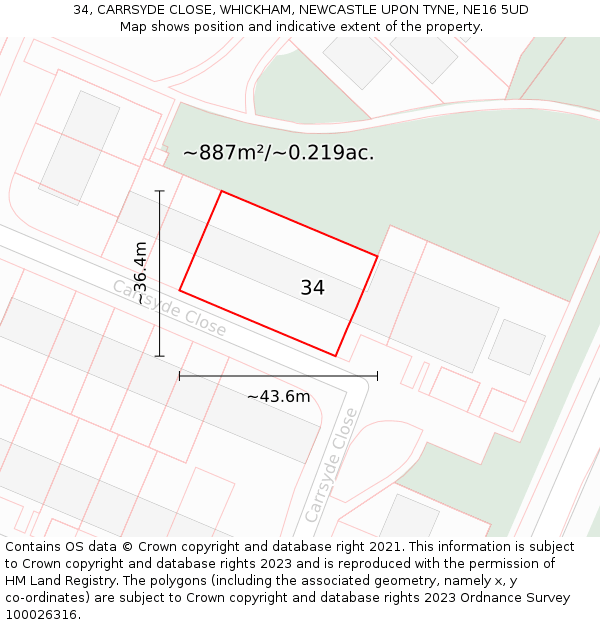 34, CARRSYDE CLOSE, WHICKHAM, NEWCASTLE UPON TYNE, NE16 5UD: Plot and title map
