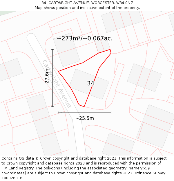 34, CARTWRIGHT AVENUE, WORCESTER, WR4 0NZ: Plot and title map