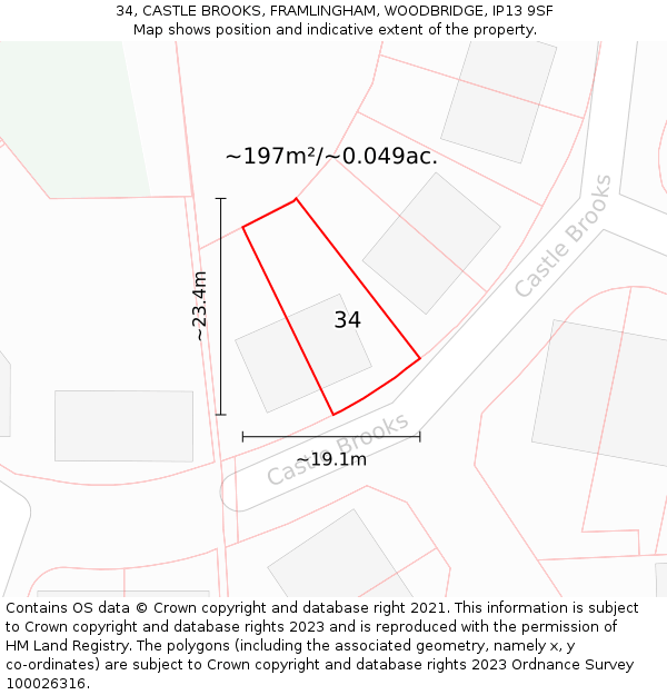 34, CASTLE BROOKS, FRAMLINGHAM, WOODBRIDGE, IP13 9SF: Plot and title map