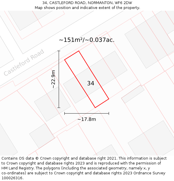 34, CASTLEFORD ROAD, NORMANTON, WF6 2DW: Plot and title map
