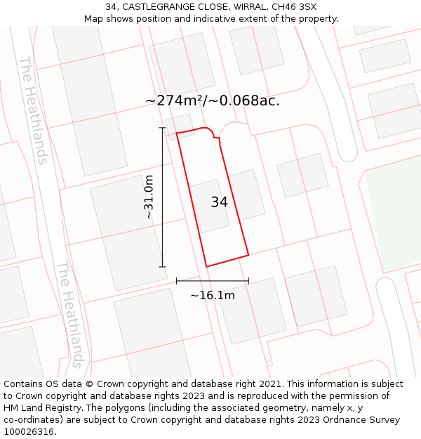 34, CASTLEGRANGE CLOSE, WIRRAL, CH46 3SX: Plot and title map