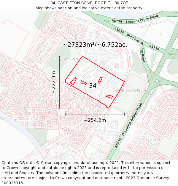 34, CASTLETON DRIVE, BOOTLE, L30 7QB: Plot and title map