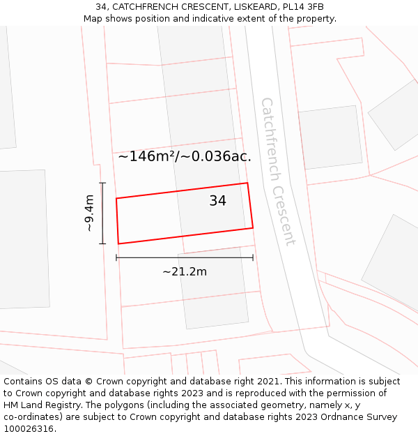 34, CATCHFRENCH CRESCENT, LISKEARD, PL14 3FB: Plot and title map