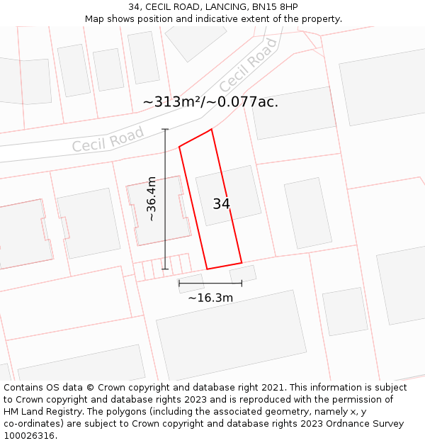 34, CECIL ROAD, LANCING, BN15 8HP: Plot and title map