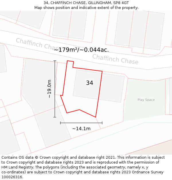 34, CHAFFINCH CHASE, GILLINGHAM, SP8 4GT: Plot and title map
