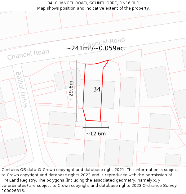 34, CHANCEL ROAD, SCUNTHORPE, DN16 3LD: Plot and title map