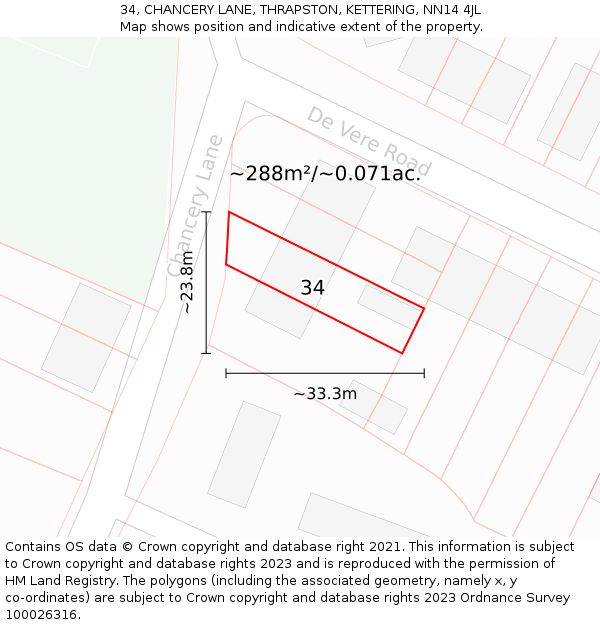34, CHANCERY LANE, THRAPSTON, KETTERING, NN14 4JL: Plot and title map