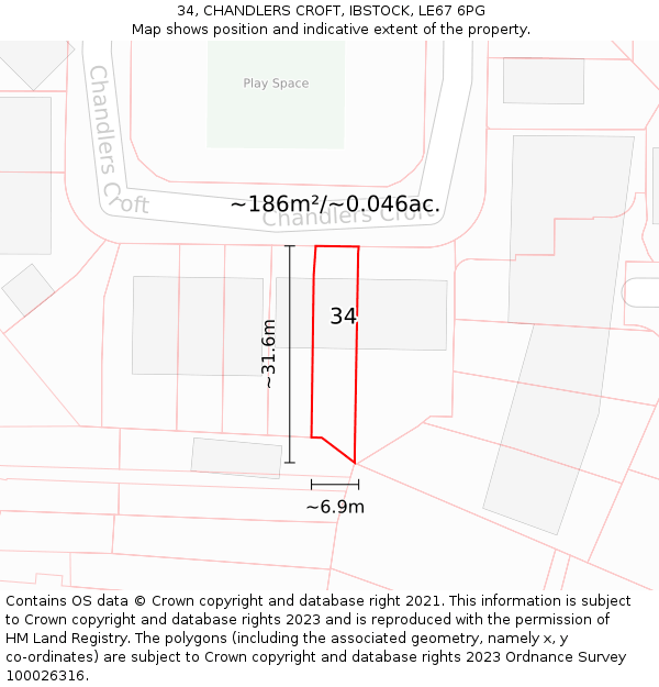 34, CHANDLERS CROFT, IBSTOCK, LE67 6PG: Plot and title map
