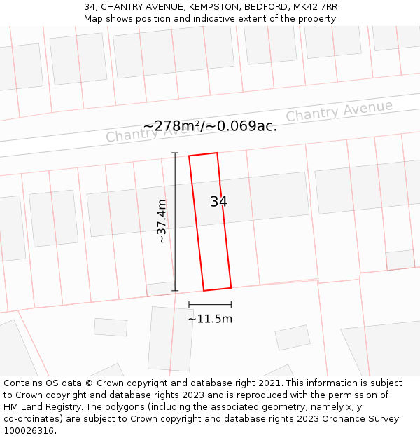 34, CHANTRY AVENUE, KEMPSTON, BEDFORD, MK42 7RR: Plot and title map