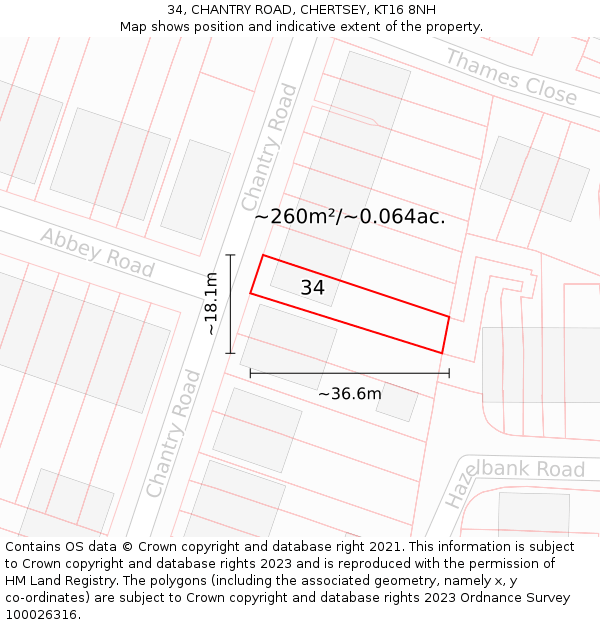 34, CHANTRY ROAD, CHERTSEY, KT16 8NH: Plot and title map