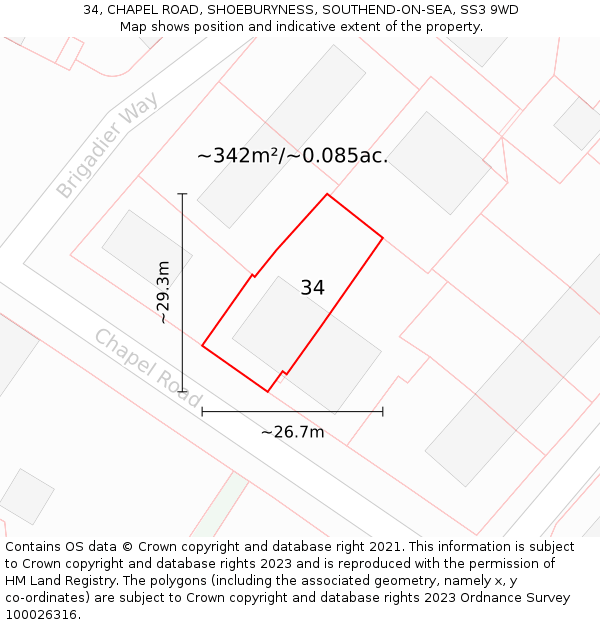 34, CHAPEL ROAD, SHOEBURYNESS, SOUTHEND-ON-SEA, SS3 9WD: Plot and title map