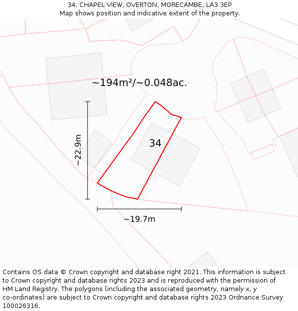 34, CHAPEL VIEW, OVERTON, MORECAMBE, LA3 3EP: Plot and title map