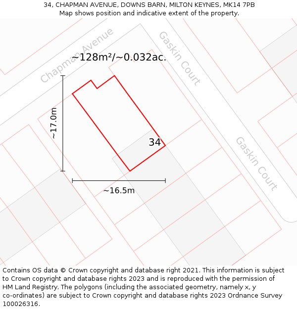 34, CHAPMAN AVENUE, DOWNS BARN, MILTON KEYNES, MK14 7PB: Plot and title map