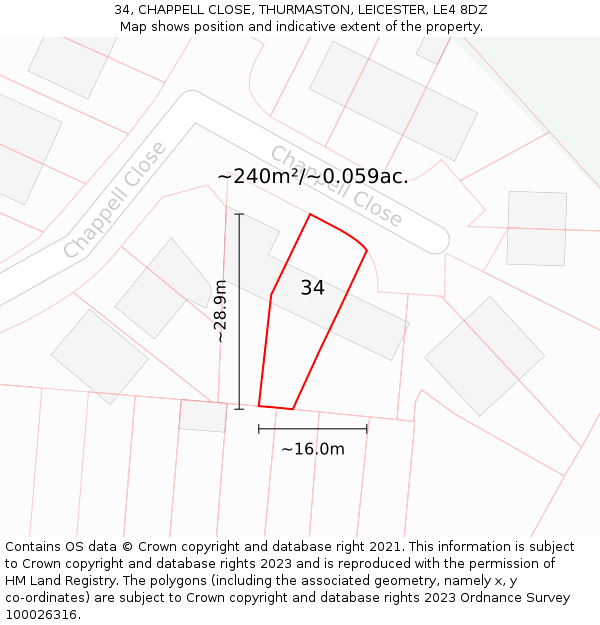 34, CHAPPELL CLOSE, THURMASTON, LEICESTER, LE4 8DZ: Plot and title map