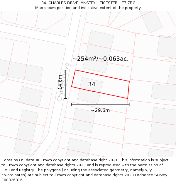 34, CHARLES DRIVE, ANSTEY, LEICESTER, LE7 7BG: Plot and title map