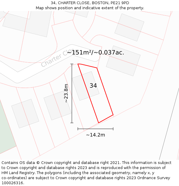 34, CHARTER CLOSE, BOSTON, PE21 9PD: Plot and title map