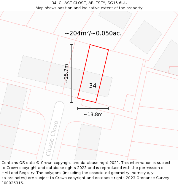 34, CHASE CLOSE, ARLESEY, SG15 6UU: Plot and title map