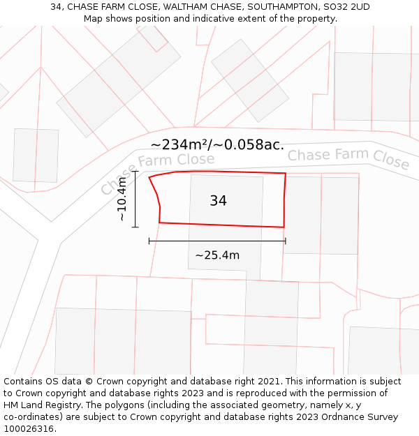 34, CHASE FARM CLOSE, WALTHAM CHASE, SOUTHAMPTON, SO32 2UD: Plot and title map