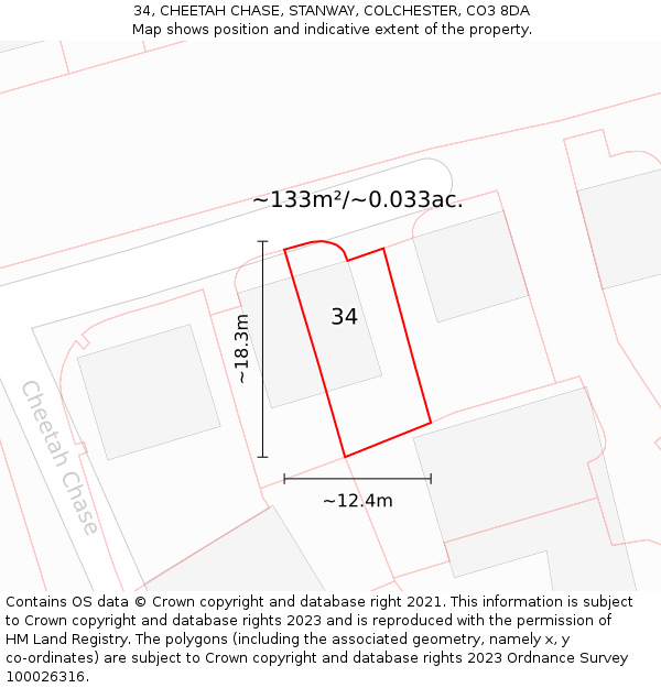 34, CHEETAH CHASE, STANWAY, COLCHESTER, CO3 8DA: Plot and title map