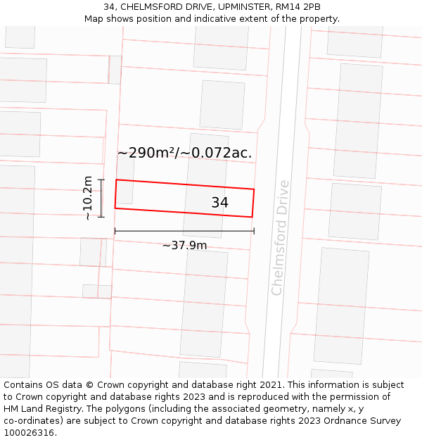34, CHELMSFORD DRIVE, UPMINSTER, RM14 2PB: Plot and title map